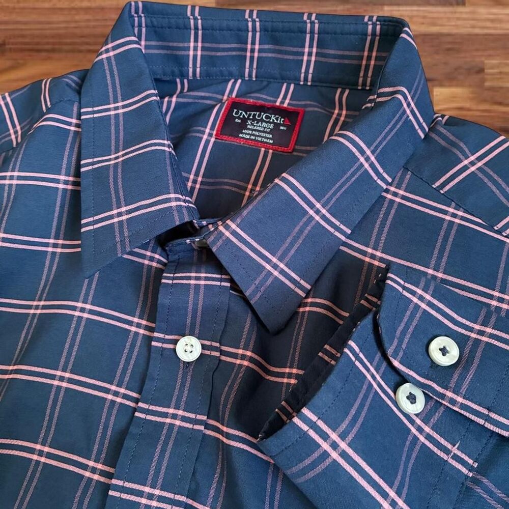UNTUCKit Relaxed Fit Navy Pink Windowpane Plaid Button-Up Shirt Men’s XL